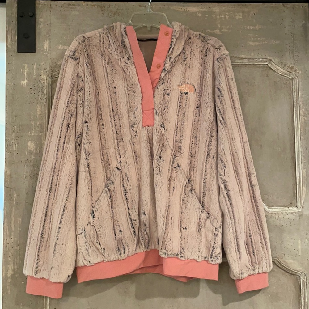 North face pullover with fur and pink trim